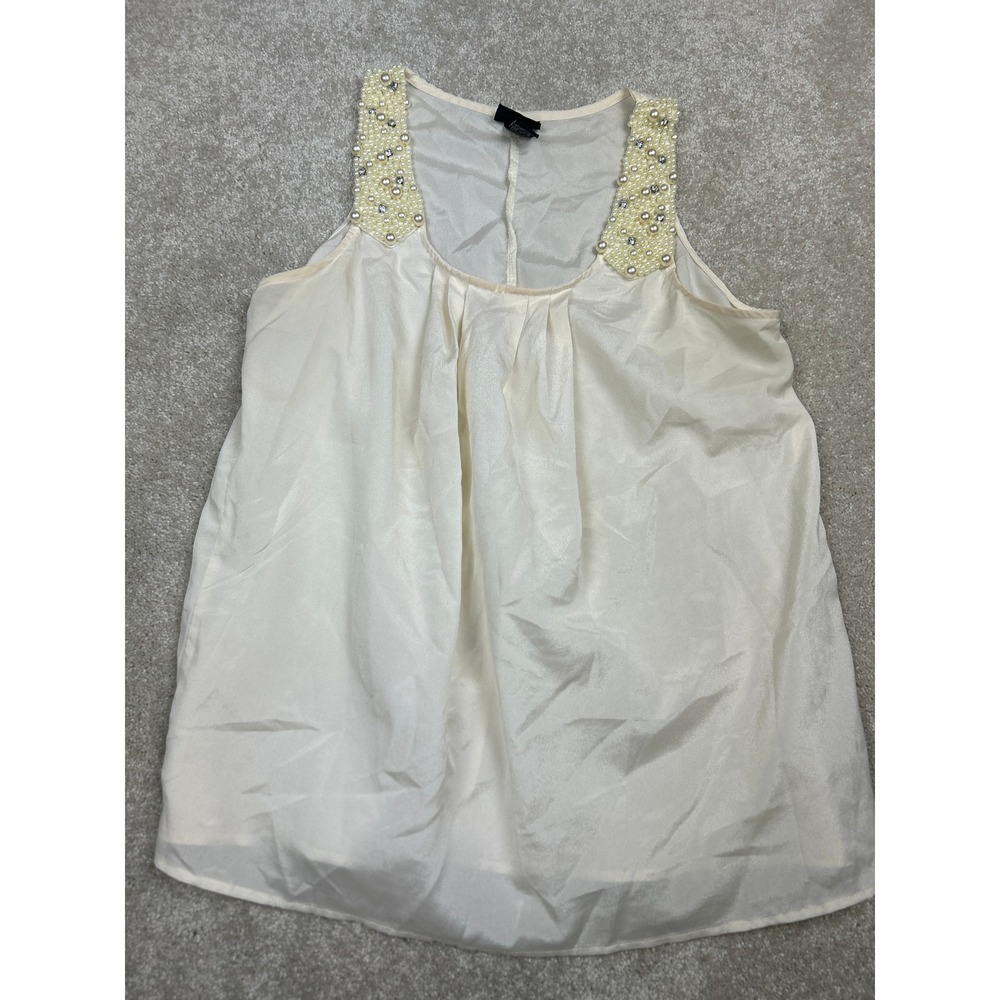 rue21 Tank Top M Cream Faux Pearl Rhinestone Beaded Shoulder Satin Look Y2K